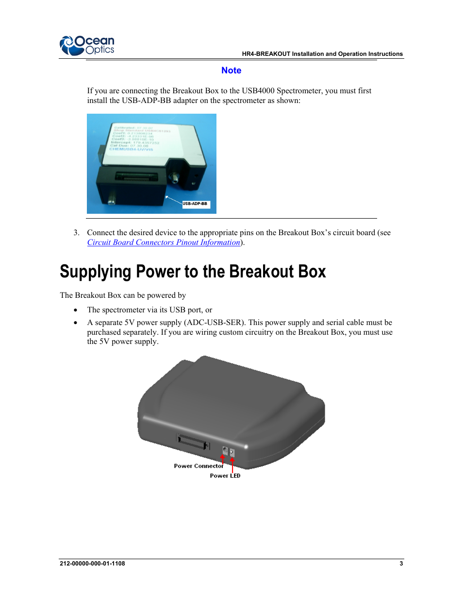 Supplying power to the breakout box | Ocean Optics Breakout Box User Manual | Page 3 / 10