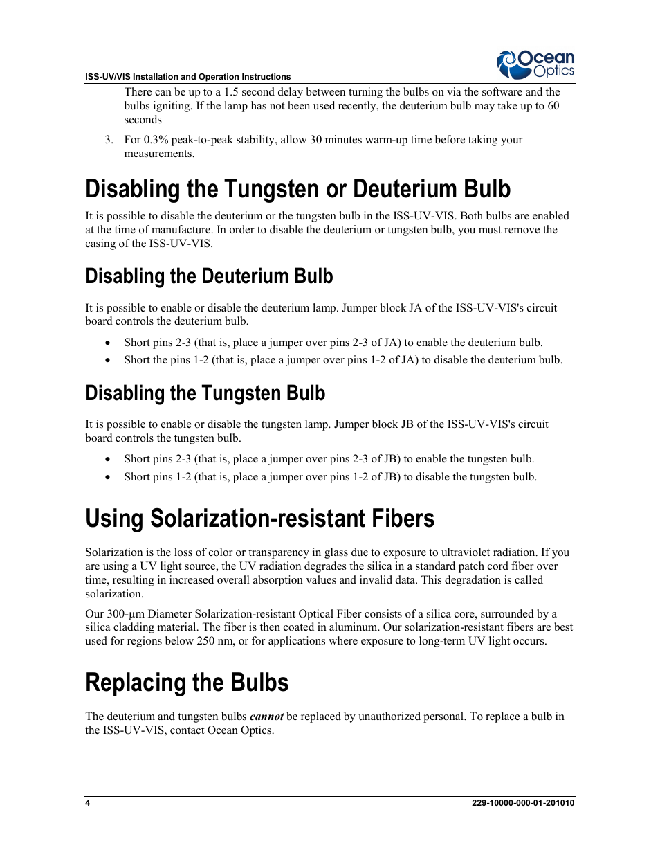 Disabling the tungsten or deuterium bulb, Using solarization-resistant fibers, Replacing the bulbs | Disabling the deuterium bulb, Disabling the tungsten bulb | Ocean Optics ISS-UV_VIS User Manual | Page 4 / 6