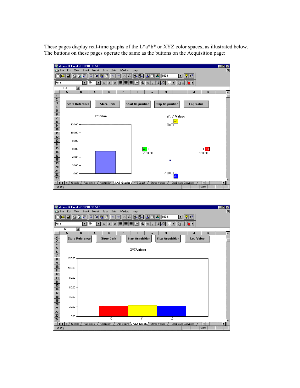 Lab and xyz graphs | Ocean Optics OOIColor User Manual | Page 8 / 14