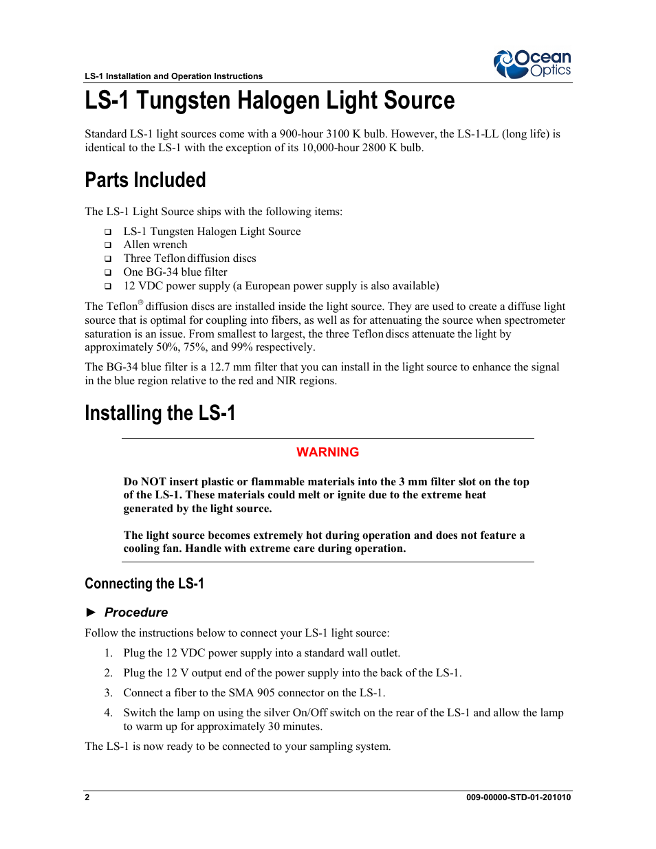 Ls-1 tungsten halogen light source, Parts included, Installing the ls-1 | Connecting the ls-1 | Ocean Optics LS-1 Series User Manual | Page 2 / 12