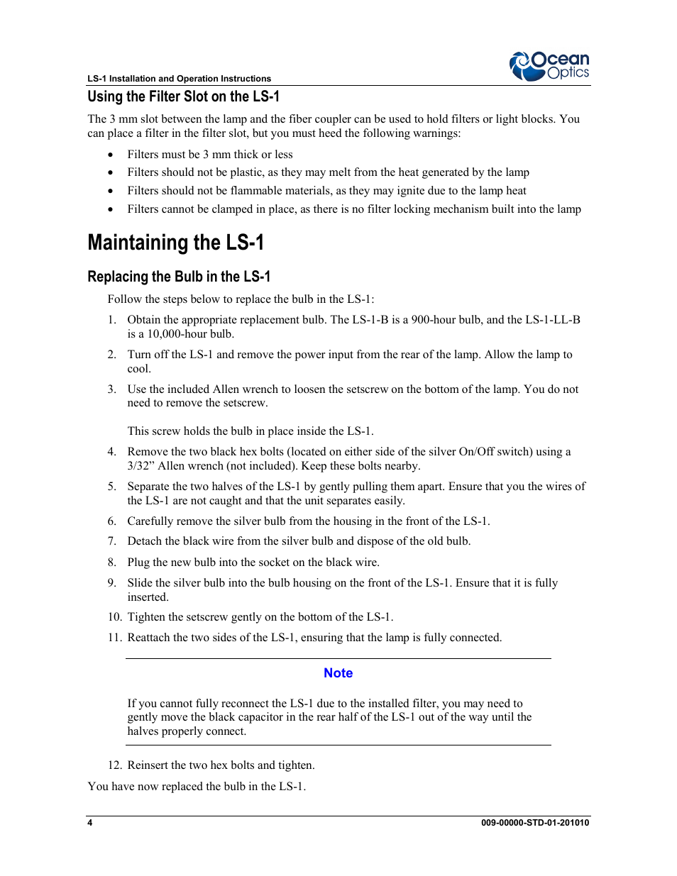 Maintaining the ls-1, Using the filter slot on the ls-1, Replacing the bulb in the ls-1 | Ocean Optics LS-1 Series User Manual | Page 4 / 12