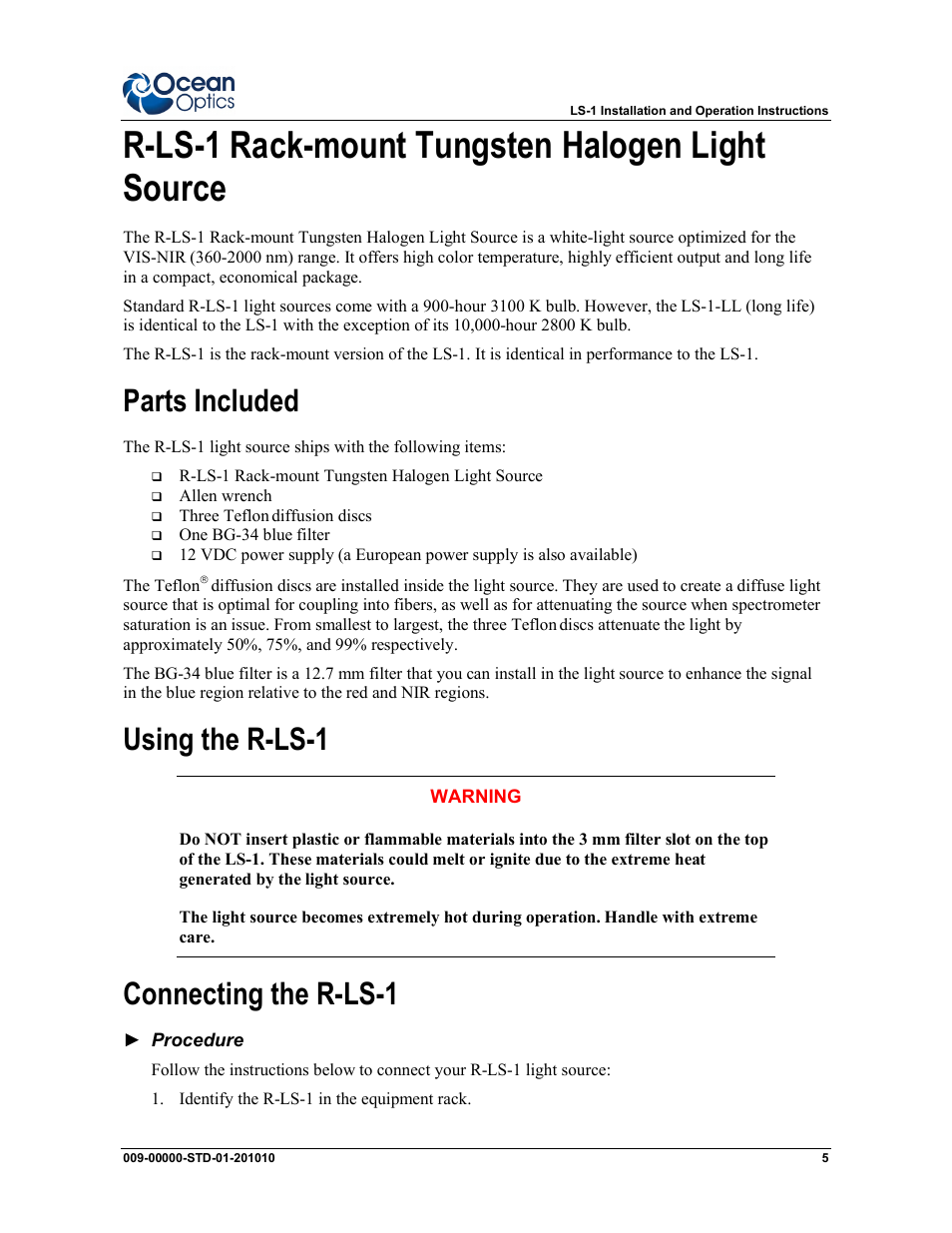 R-ls-1 rack-mount tungsten halogen light source, Parts included, Using the r-ls-1 | Connecting the r-ls-1 | Ocean Optics LS-1 Series User Manual | Page 5 / 12