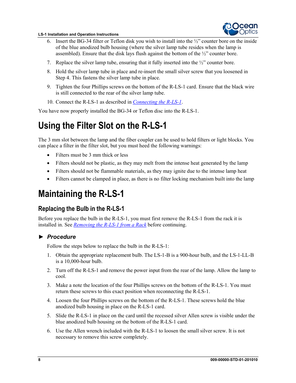 Using the filter slot on the r-ls-1, Maintaining the r-ls-1, Replacing the bulb in the r-ls-1 | Ocean Optics LS-1 Series User Manual | Page 8 / 12