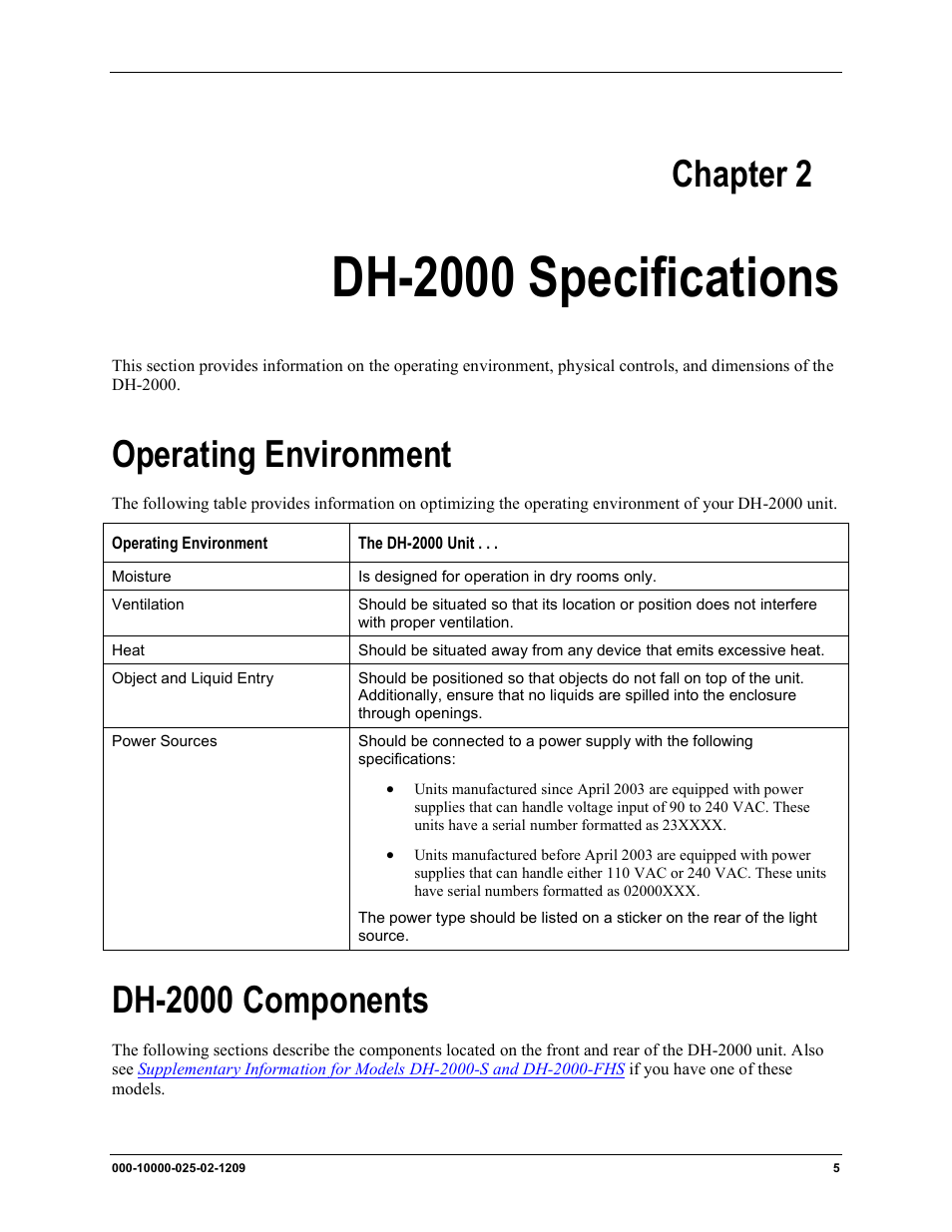 Dh-2000 specifications, Operating environment dh-2000 components, Chapter 2 | Operating environment, Dh-2000 components | Ocean Optics DH-2000 User Manual | Page 13 / 34