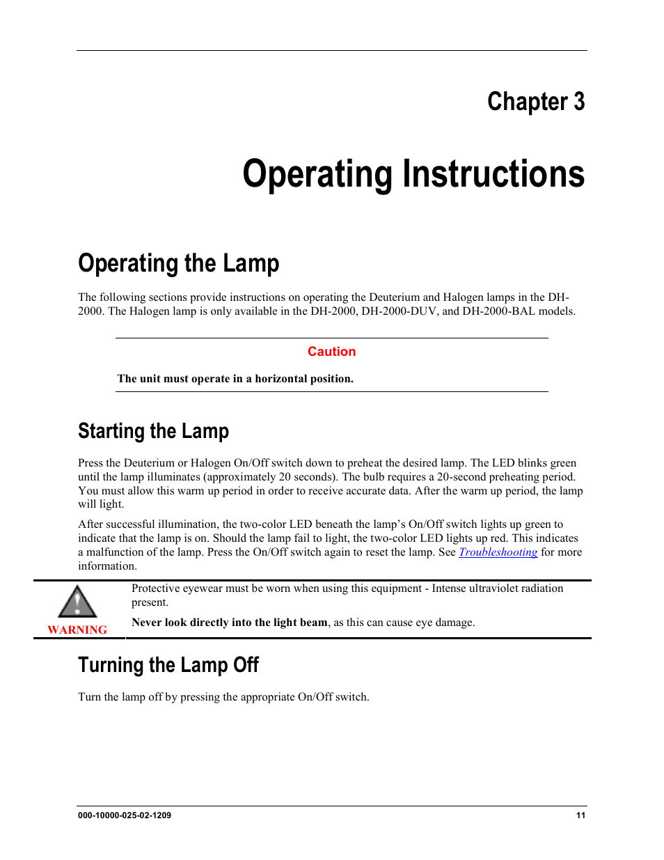 Operating instructions, Operating the lamp, Starting the lamp turning the lamp off | Chapter 3, Starting the lamp, Turning the lamp off | Ocean Optics DH-2000 User Manual | Page 19 / 34