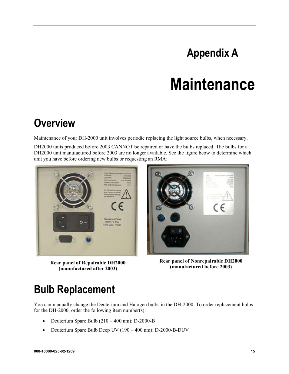 A: maintenance, Overview bulb replacement, Maintenance | Appendix a, Overview, Bulb replacement | Ocean Optics DH-2000 User Manual | Page 23 / 34