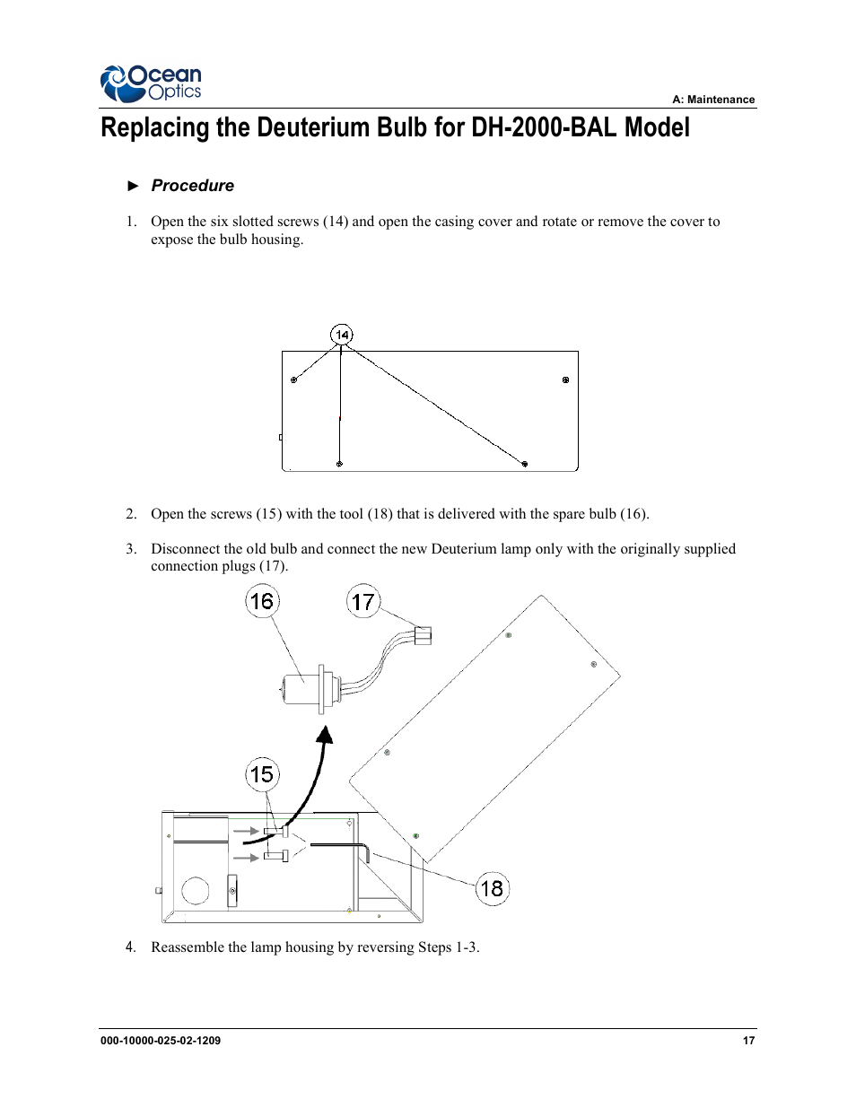 Replacing the deuterium bulb for dh-2000-bal model | Ocean Optics DH-2000 User Manual | Page 25 / 34