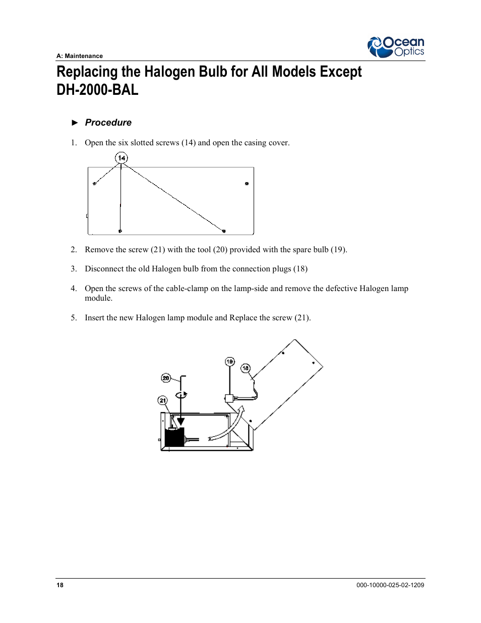 Replacing the deuterium bulb for dh-2000-bal model | Ocean Optics DH-2000 User Manual | Page 26 / 34