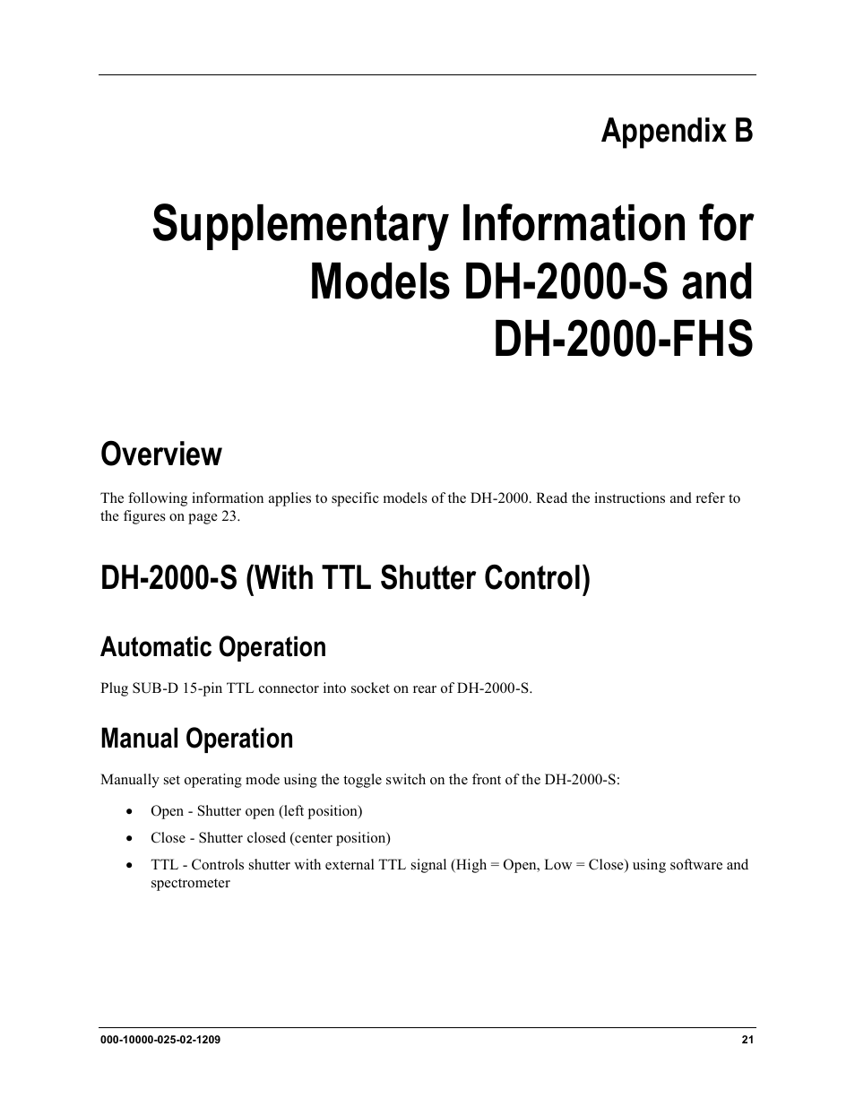 Overview dh-2000-s (with ttl shutter control), Automatic operation manual operation, Supplementary information for | Models dh-2000-s and dh-2000-fhs, Appendix b, Overview, Dh-2000-s (with ttl shutter control) | Ocean Optics DH-2000 User Manual | Page 29 / 34