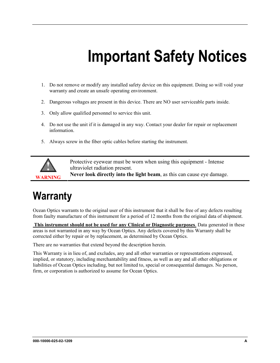 Important safety notices, Warranty | Ocean Optics DH-2000 User Manual | Page 3 / 34