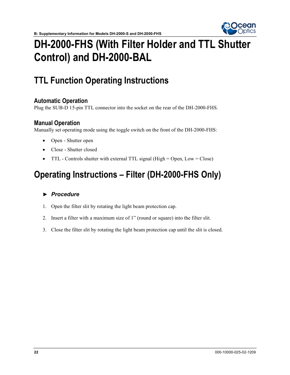 Ttl function operating instructions, Operating instructions – filter (dh-2000-fhs only) | Ocean Optics DH-2000 User Manual | Page 30 / 34