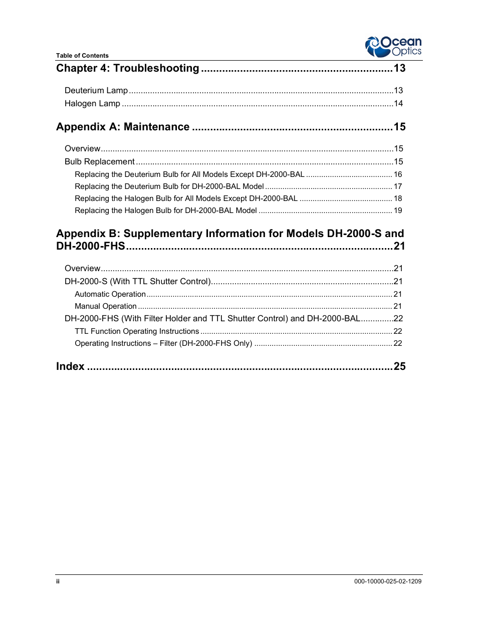 Chapter 4 : troubleshooting, Appendix a: maintenance, Index | Ocean Optics DH-2000 User Manual | Page 6 / 34