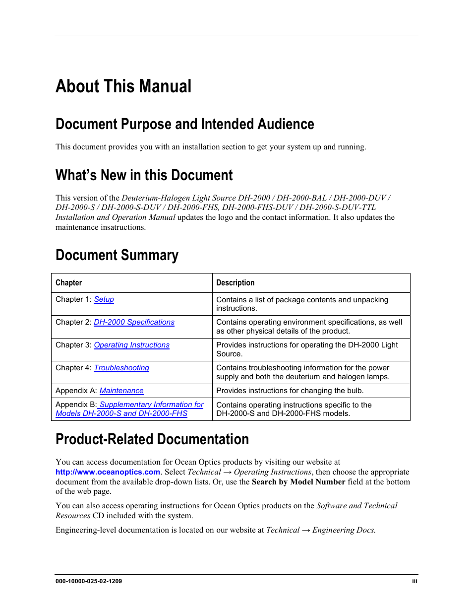 About this manual, Document purpose and intended audience, What’s new in this document | Document summary, Product-related documentation | Ocean Optics DH-2000 User Manual | Page 7 / 34