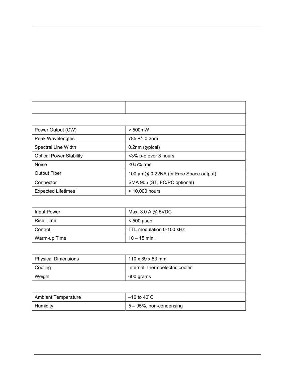 Specifications, Appendix a: specifications, Appendix a | Ocean Optics Laser-785 User Manual | Page 15 / 18