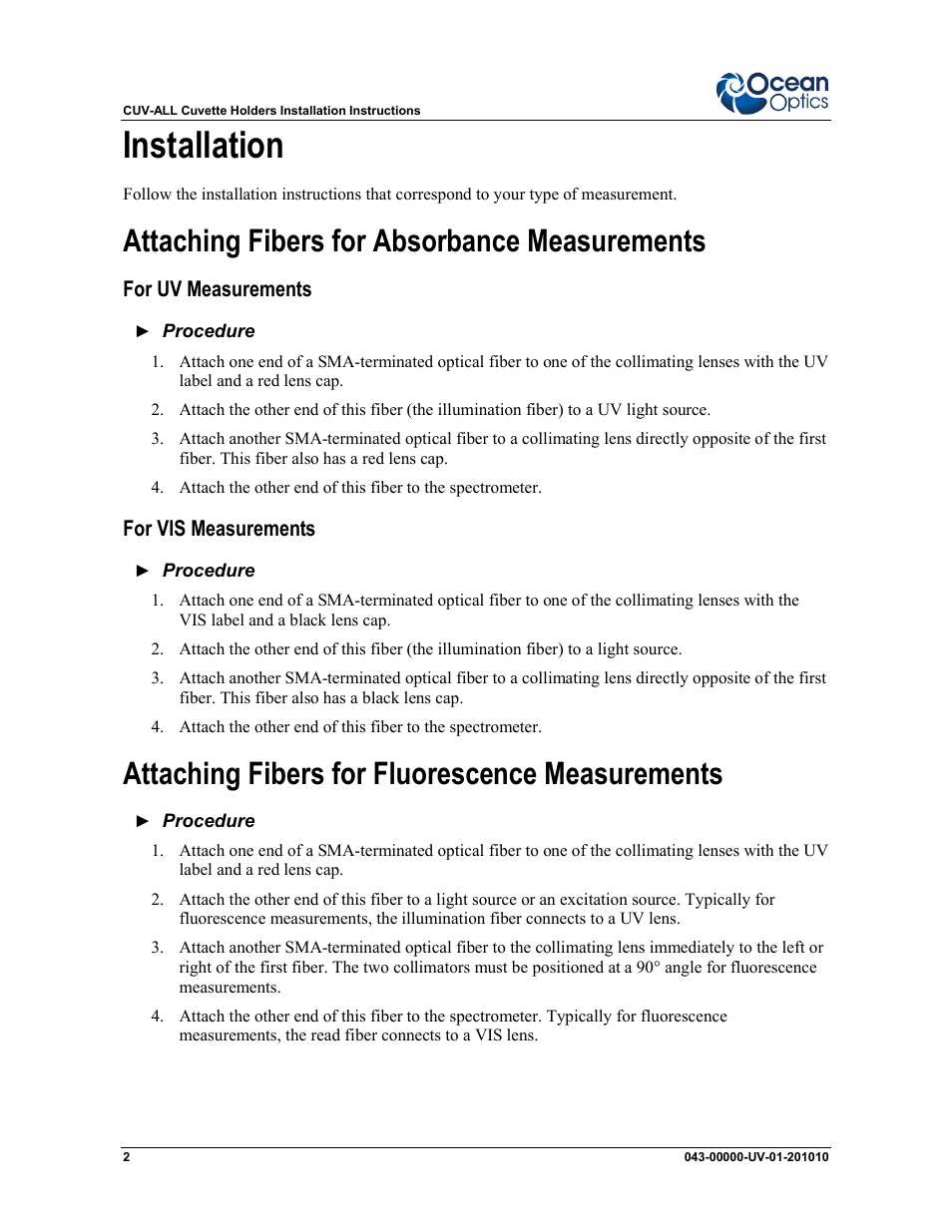 Installation, Attaching fibers for absorbance measurements, Attaching fibers for fluorescence measurements | Ocean Optics CUV-ALL 4-Way User Manual | Page 2 / 4