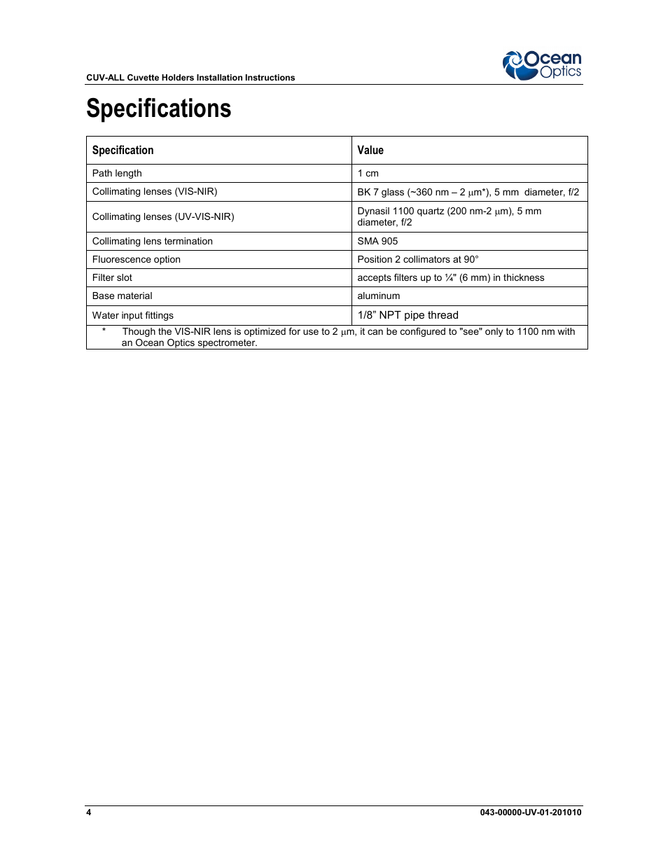 Specifications | Ocean Optics CUV-ALL 4-Way User Manual | Page 4 / 4