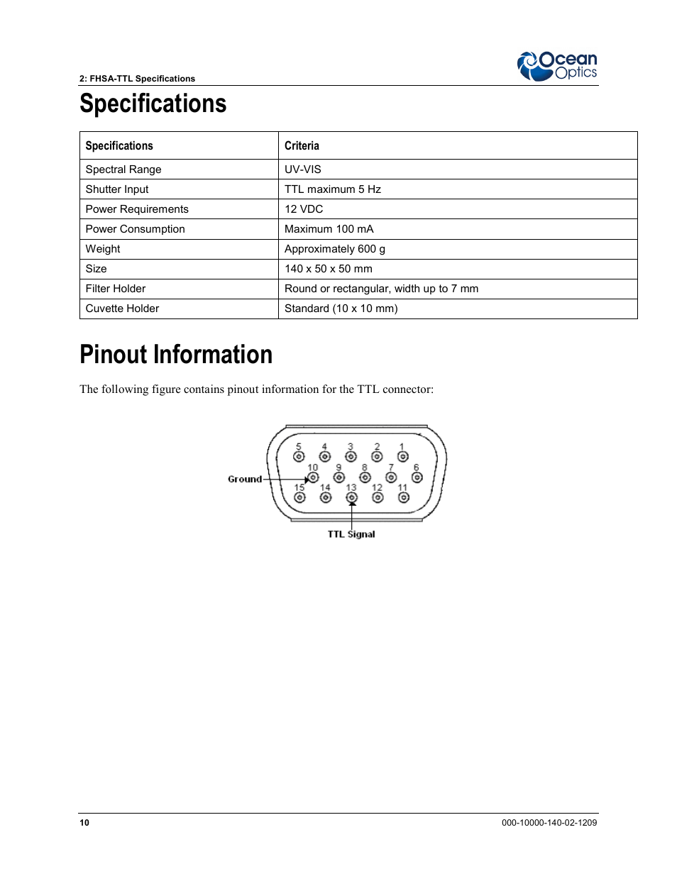 Specifications pinout information, Specifications, Pinout information | Ocean Optics FHSA-TTL User Manual | Page 16 / 18