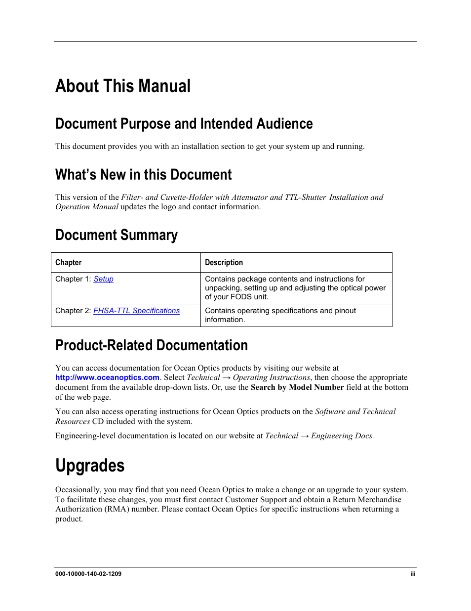 About this manual, Upgrades, Document purpose and intended audience | What’s new in this document, Document summary, Product-related documentation | Ocean Optics FHSA-TTL User Manual | Page 5 / 18