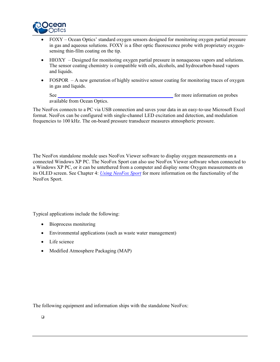 Software, Applications, Shipment components | Neofox, Software applications shipment components | Ocean Optics NeoFox User Manual | Page 13 / 77