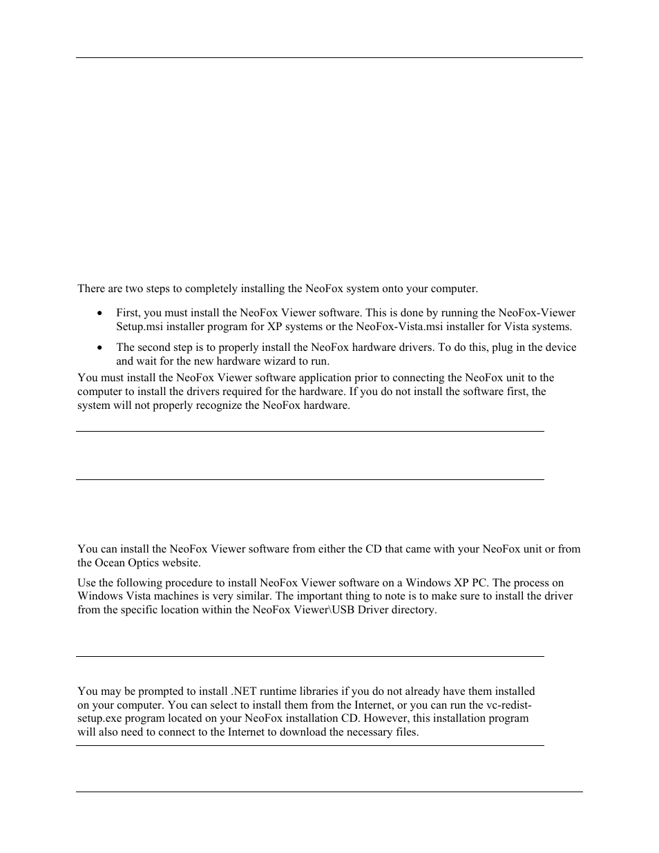 Installation, Overview, Software installation | Chapter 2: installation, Overview software installation, Pter 2, Chapter 2 | Ocean Optics NeoFox User Manual | Page 17 / 77