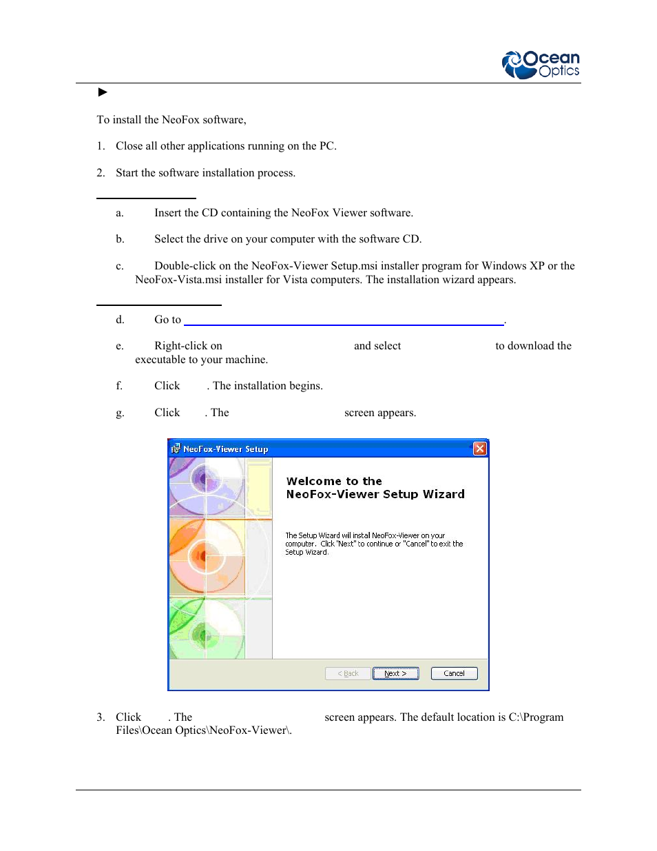 Installing from cd, Installing from the web | Ocean Optics NeoFox User Manual | Page 18 / 77