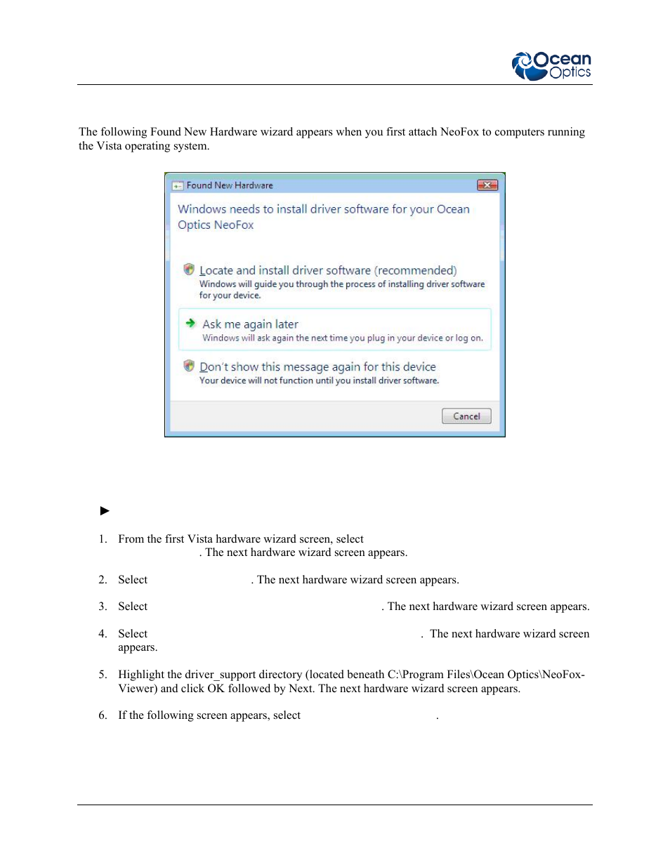 Installing hardware drivers using windows vista | Ocean Optics NeoFox User Manual | Page 24 / 77