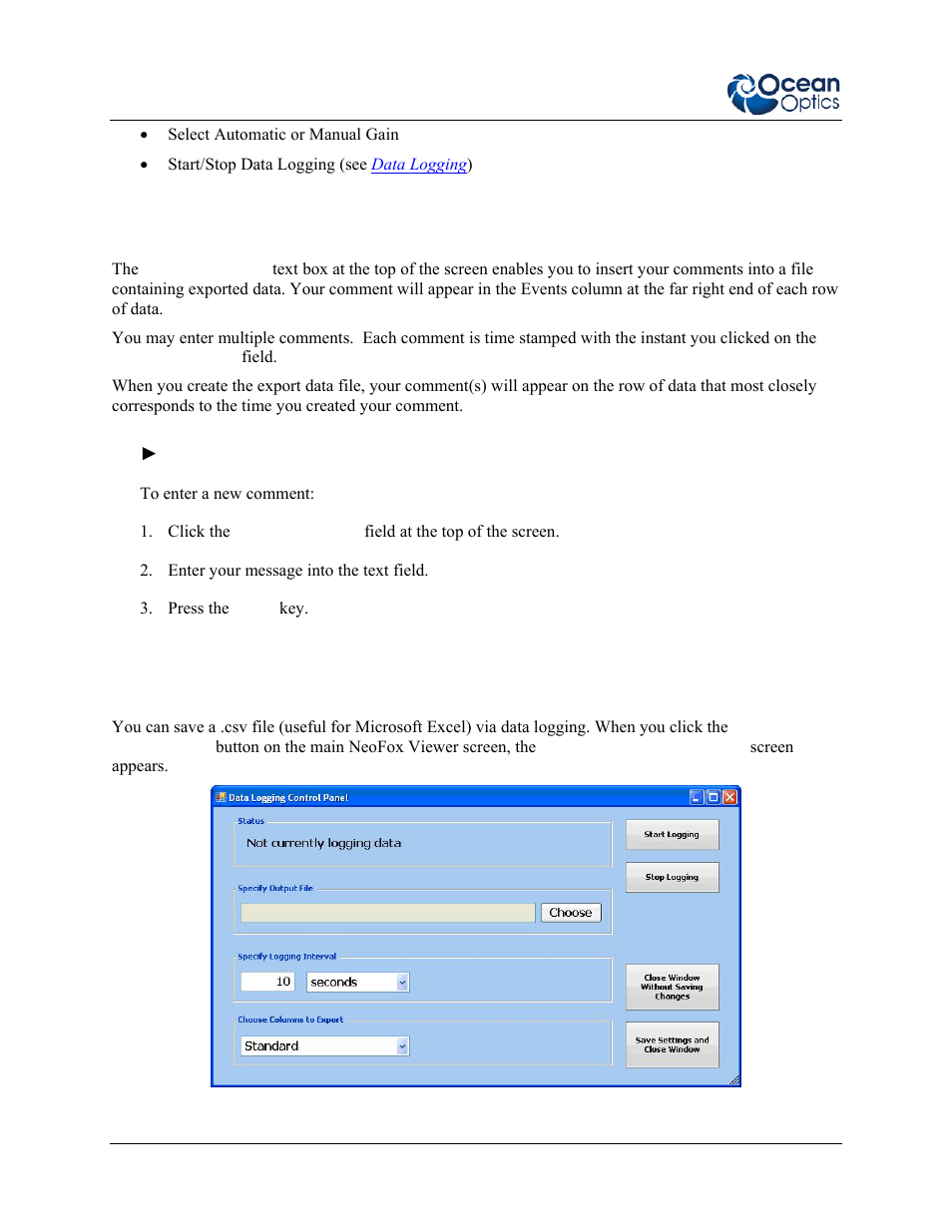 Entering a new event, Data logging, Entering a new event data logging | Ocean Optics NeoFox User Manual | Page 28 / 77