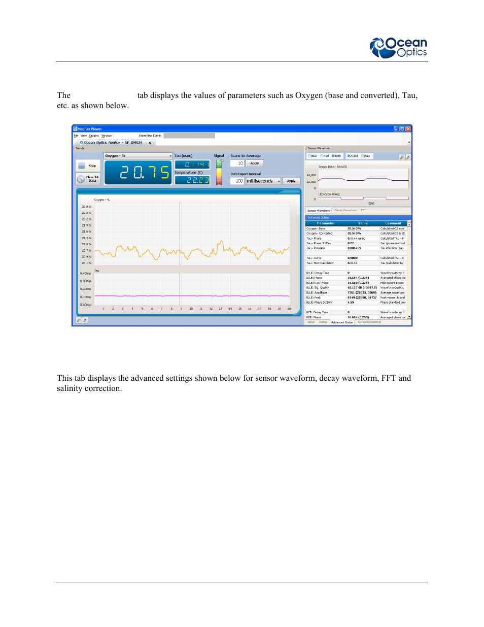 Advanced status, Advanced settings | Ocean Optics NeoFox User Manual | Page 32 / 77