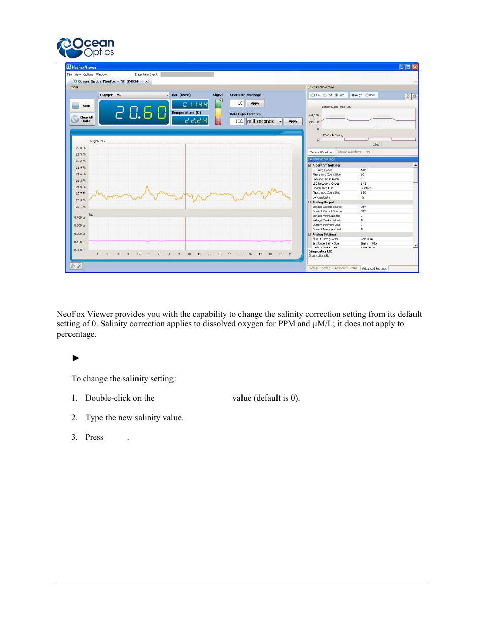 Setting salinity correction | Ocean Optics NeoFox User Manual | Page 33 / 77