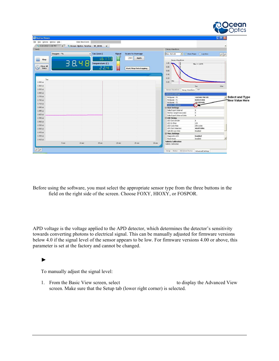 Sensor type selection, Apd voltage, Sensor type selection apd voltage | Ocean Optics NeoFox User Manual | Page 34 / 77