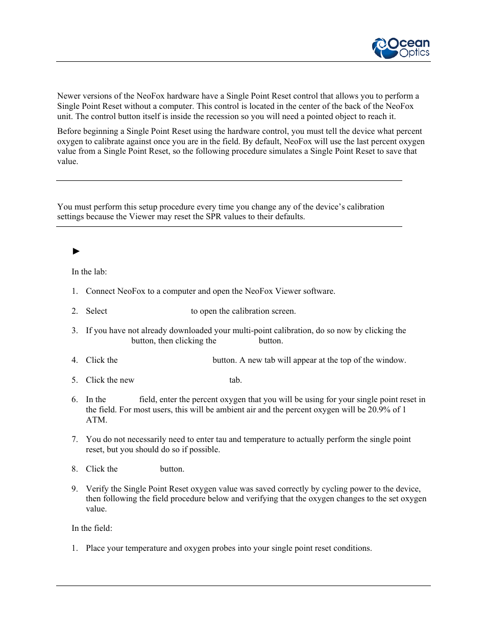 Single point reset control, Ngle point reset control | Ocean Optics NeoFox User Manual | Page 42 / 77