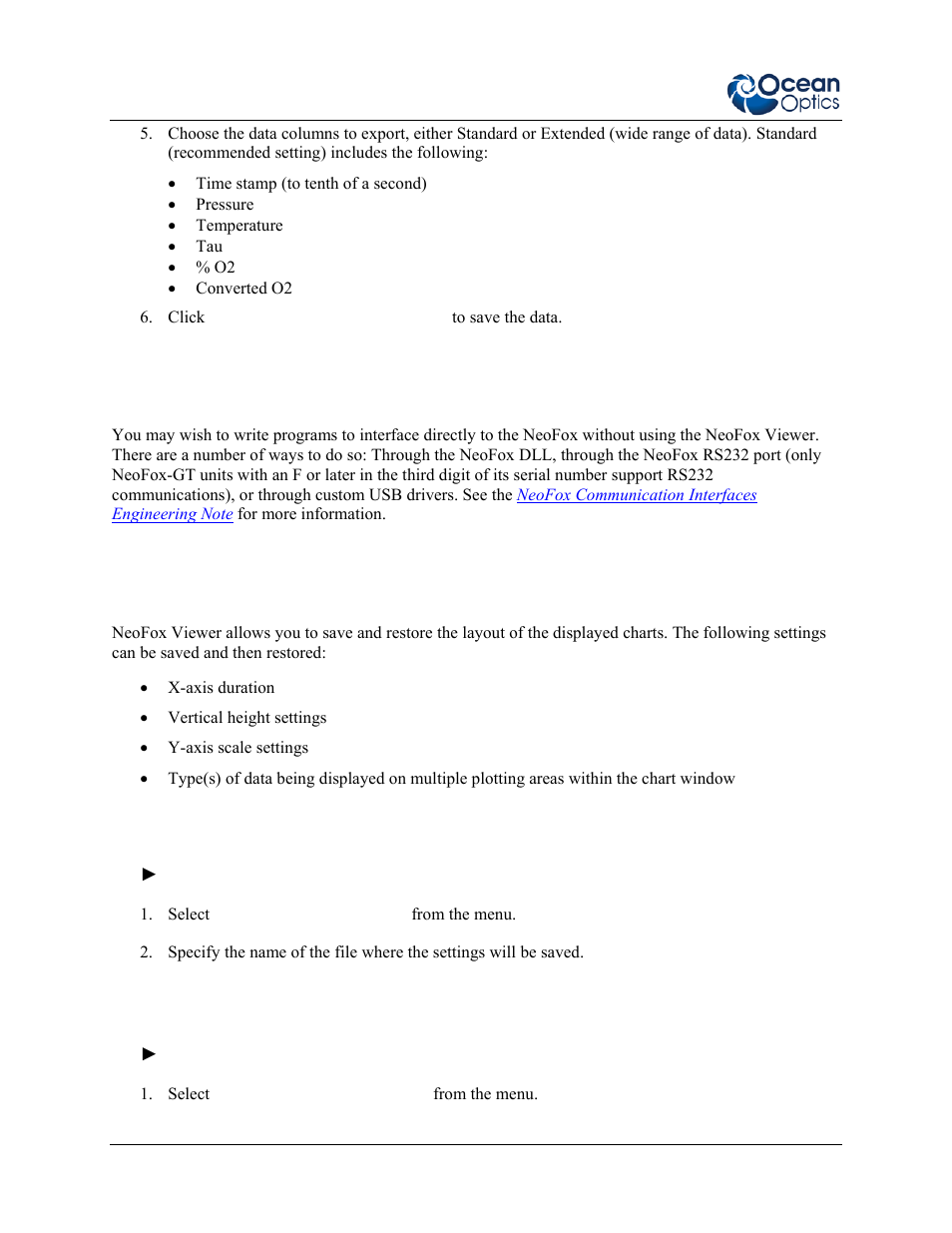Neofox communication interfaces, Saving/restoring chart layouts, Saving a chart layout | Restoring a chart layout | Ocean Optics NeoFox User Manual | Page 46 / 77