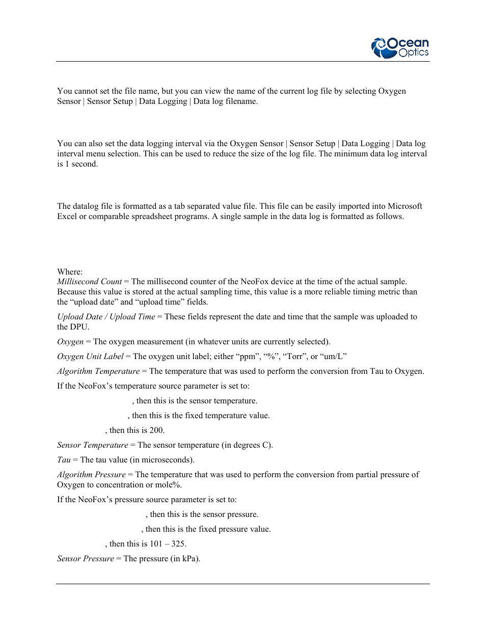 Viewing the data log file name, Setting the data logging interval, Data log file format | Ocean Optics NeoFox User Manual | Page 56 / 77