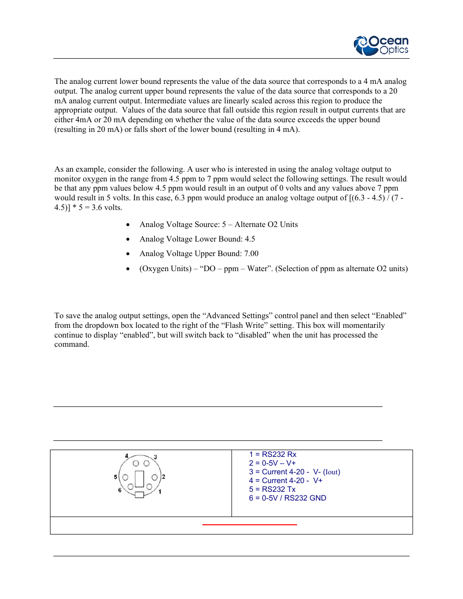 Analog current boundaries, Analog data range example, Saving the analog output settings | Analog output pinouts | Ocean Optics NeoFox User Manual | Page 68 / 77
