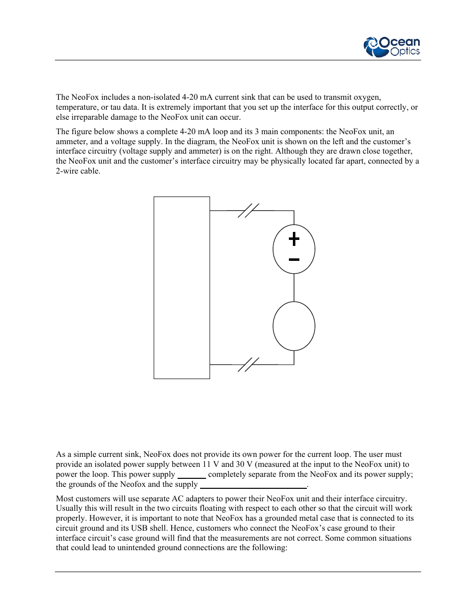 Interfacing to the 4-20ma output, 20 ma loop voltage supply | Ocean Optics NeoFox User Manual | Page 70 / 77