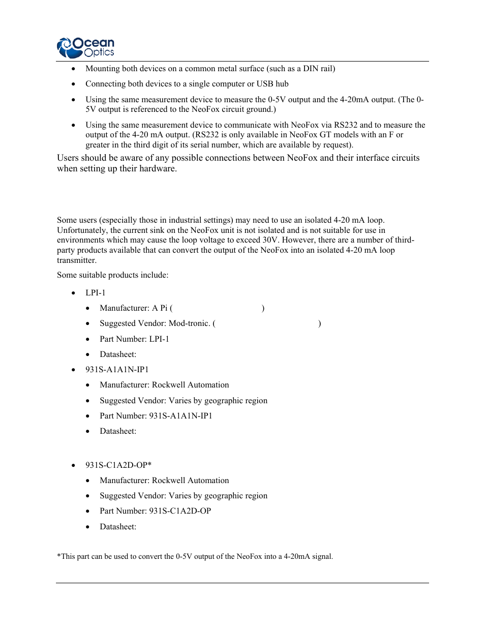 20 ma isolation | Ocean Optics NeoFox User Manual | Page 71 / 77