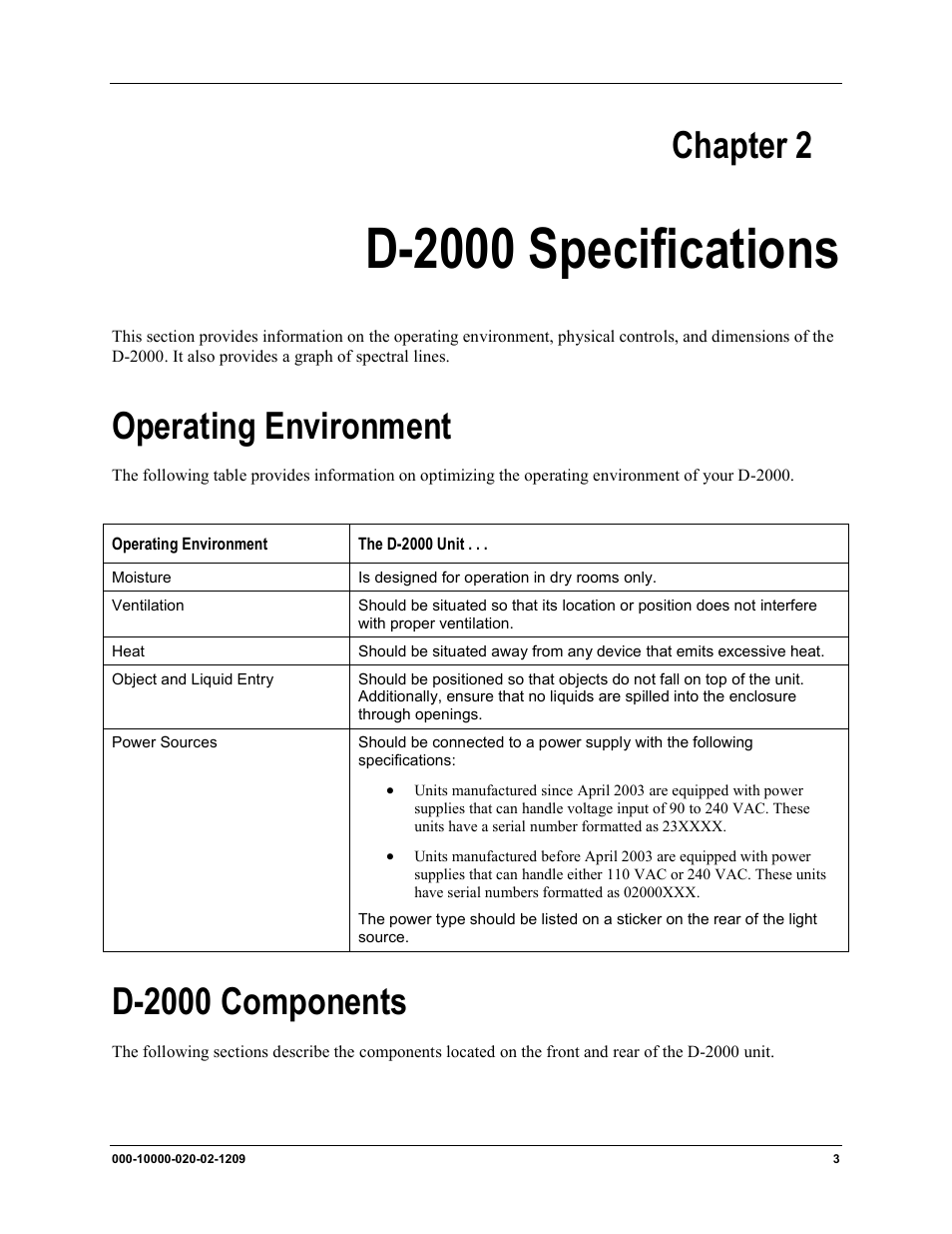 D-2000 specifications, Operating environment d-2000 components, Chapter 2 | Operating environment, D-2000 components | Ocean Optics D-2000 User Manual | Page 11 / 24