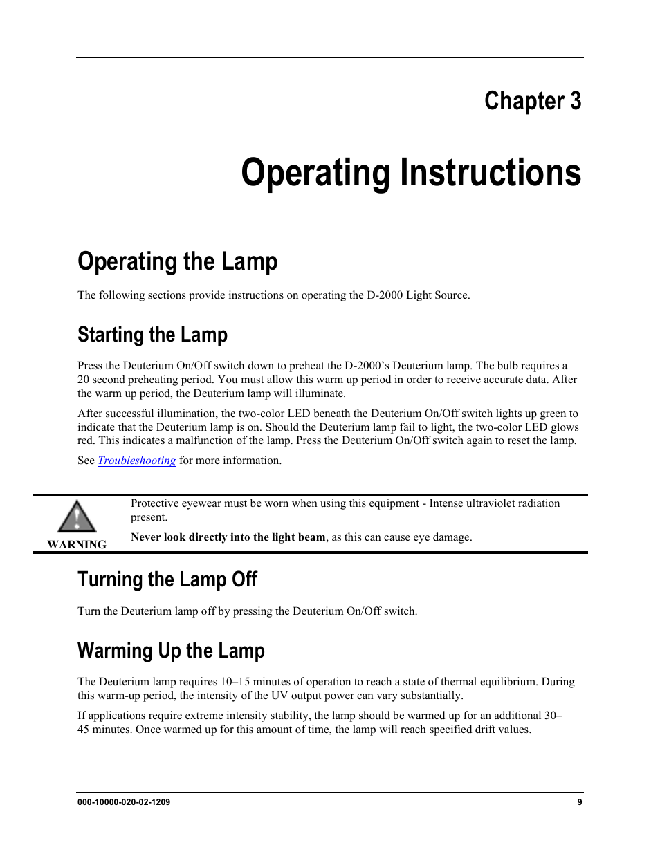 Chapter 3, Operating instructions, Operating the lamp | Starting the lamp, Turning the lamp off, Warming up the lamp | Ocean Optics D-2000 User Manual | Page 17 / 24