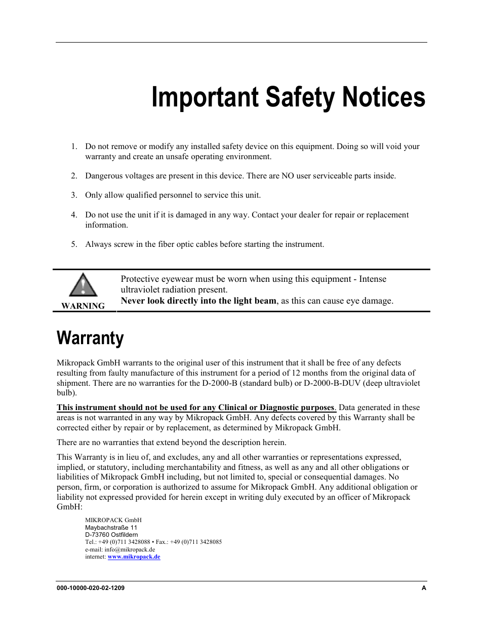 Important safety notices, Warranty | Ocean Optics D-2000 User Manual | Page 3 / 24