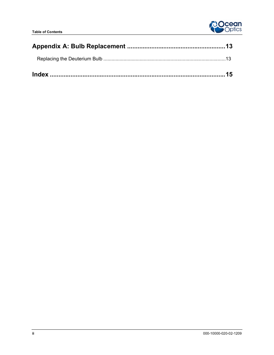 Appendix a: bulb replacement, Index | Ocean Optics D-2000 User Manual | Page 6 / 24