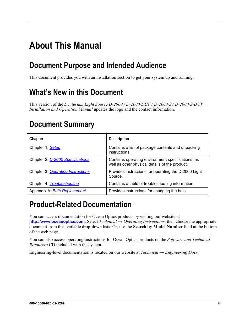 About this manual, Document purpose and intended audience, What’s new in this document | Document summary, Product-related documentation | Ocean Optics D-2000 User Manual | Page 7 / 24