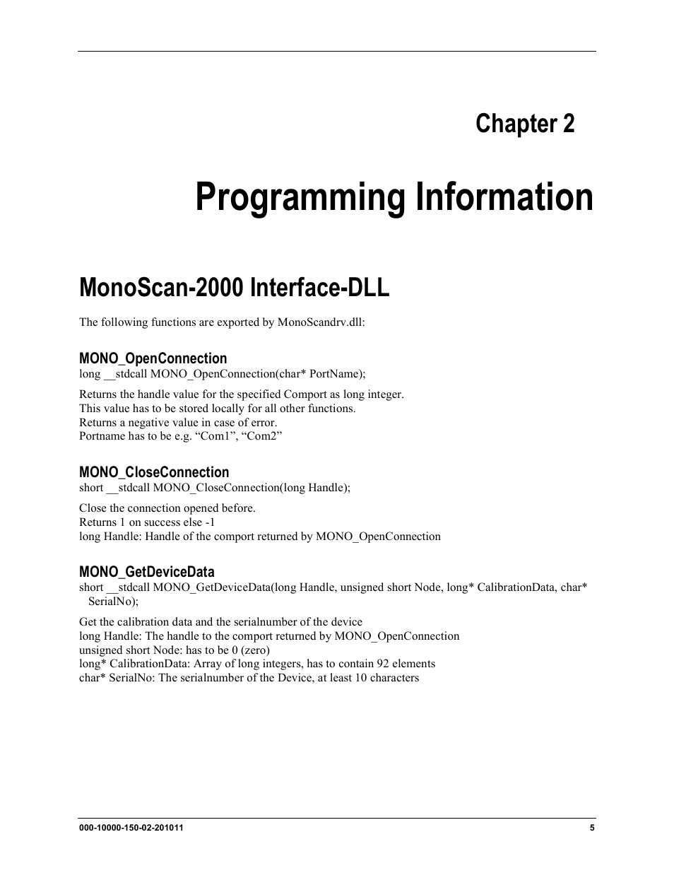 Chapter 2, Programming information, Monoscan-2000 interface-dll | Ocean Optics MonoScan2000 User Manual | Page 13 / 22