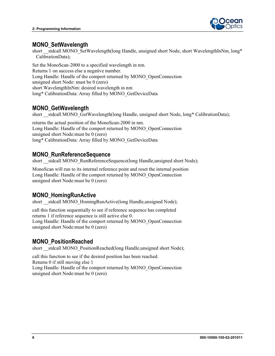 Mono_setwavelength, Mono_getwavelength, Mono_runreferencesequence | Mono_homingrunactive, Mono_positionreached | Ocean Optics MonoScan2000 User Manual | Page 14 / 22