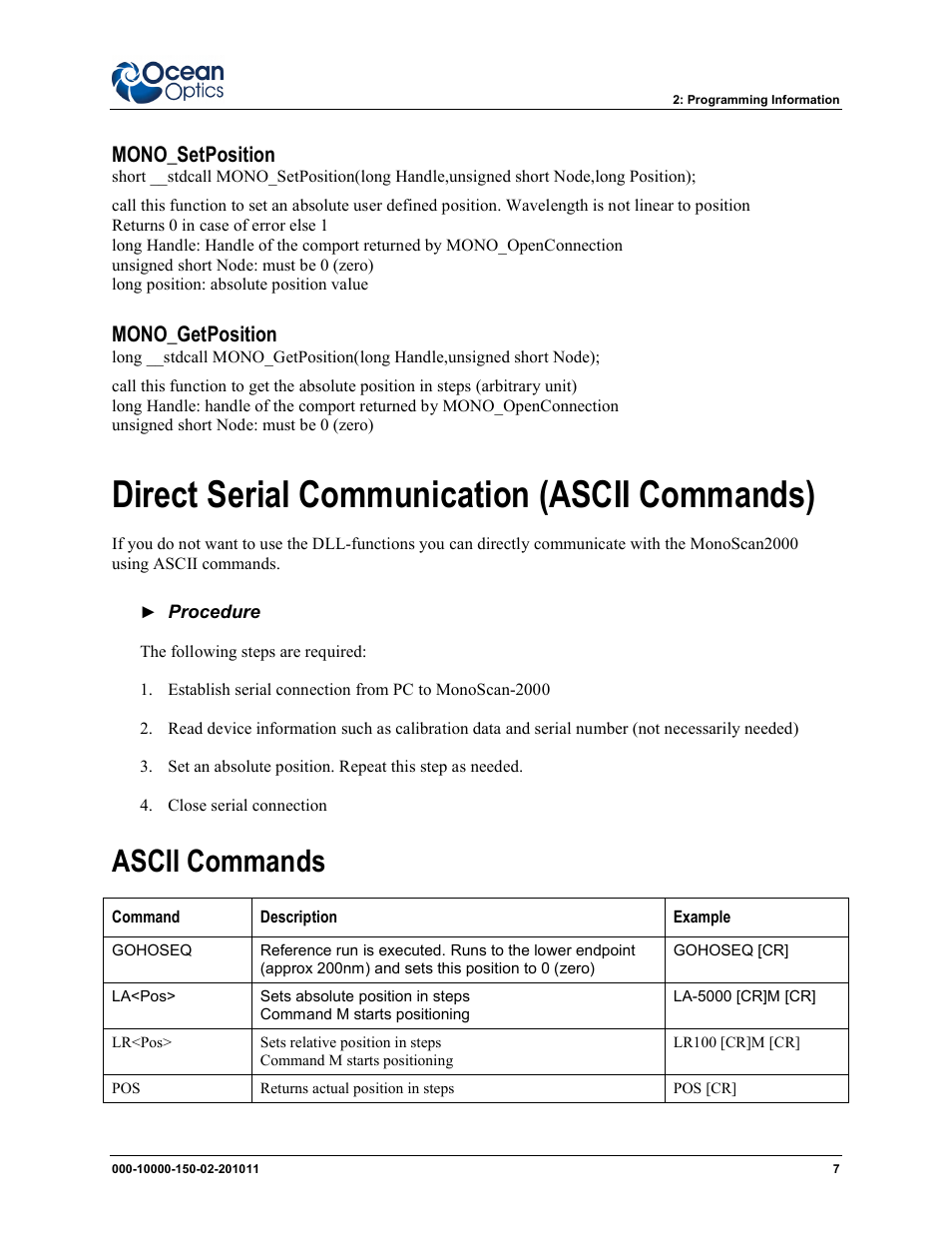 Direct serial communication (ascii commands), Ascii commands, Mono_setposition | Mono_getposition | Ocean Optics MonoScan2000 User Manual | Page 15 / 22