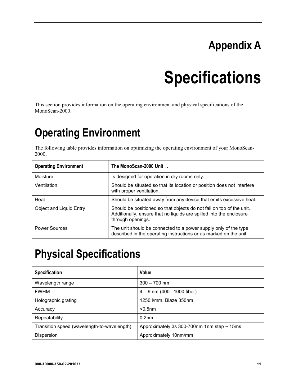 Specifications, Appendix a, Operating environment | Physical specifications | Ocean Optics MonoScan2000 User Manual | Page 19 / 22