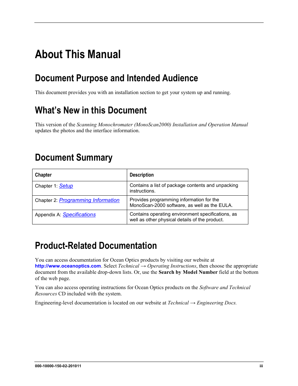 About this manual, Document purpose and intended audience, What’s new in this document | Document summary, Product-related documentation | Ocean Optics MonoScan2000 User Manual | Page 7 / 22