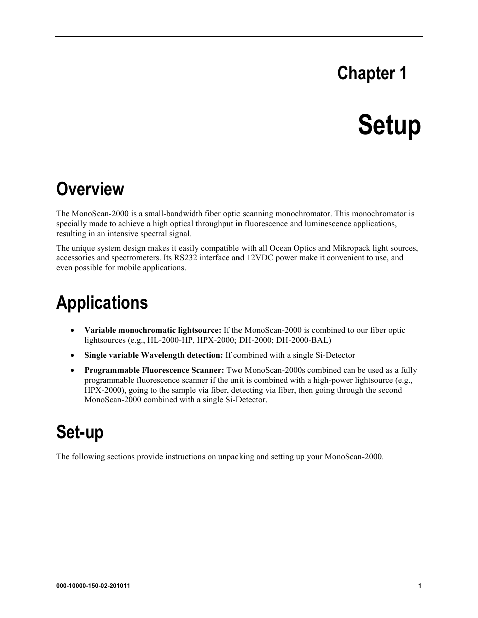 Chapter 1, Setup, Overview | Applications, Set-up | Ocean Optics MonoScan2000 User Manual | Page 9 / 22