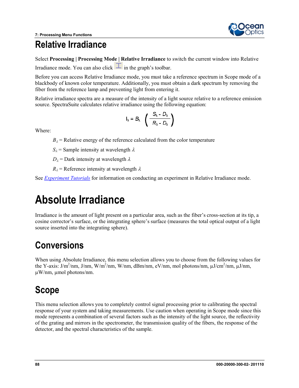 Relative irradiance, Absolute irradiance, Conversions scope | Conversions, Scope | Ocean Optics SpectraSuite User Manual | Page 100 / 198