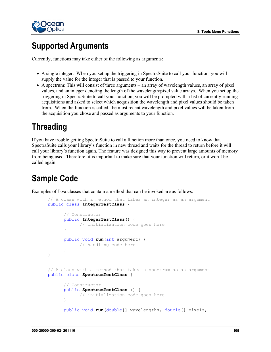 Supported arguments, Threading, Sample code | Ocean Optics SpectraSuite User Manual | Page 117 / 198