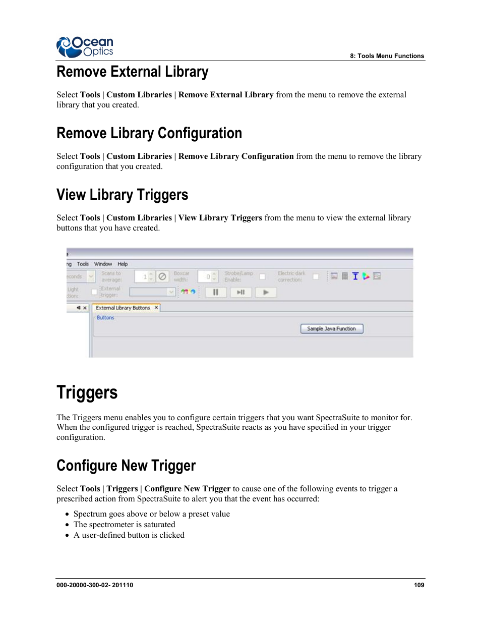 Triggers, Remove external library, Remove library configuration | View library triggers, Configure new trigger | Ocean Optics SpectraSuite User Manual | Page 121 / 198